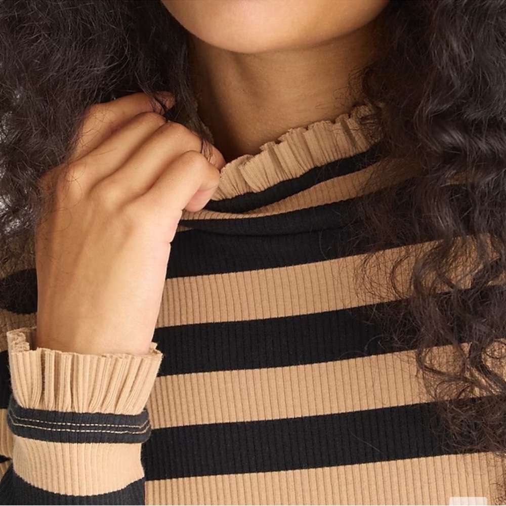 J.Crew Montauk Stripe Ribbed Mockneck XS Sand Black Breton Ruffle Trim - Picture 2 of 16